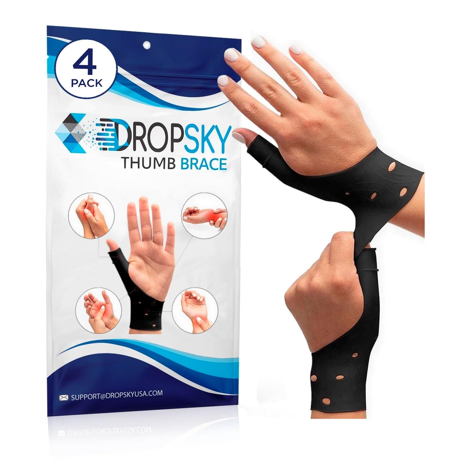DropSky [4 Pieces] Gel Wrist Thumb Support Braces Soft Waterproof, Relief Pain Carpal Tunnel, Arthritis Thumb, Fits Both Hands, Lightweight, Therapy Rubber-Latex, Stabilizer Support (Black)