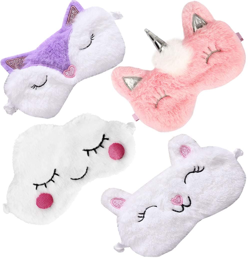 4 Pack Cute Animal Unicorn Sleep Mask for Girls Soft Plush Blindfold Cute Unicorn Fox Alpaca Sleeping Masks Eye Cover Eyeshade for Kids Teens Girls Women Plane Travel Nap Night Sleeping