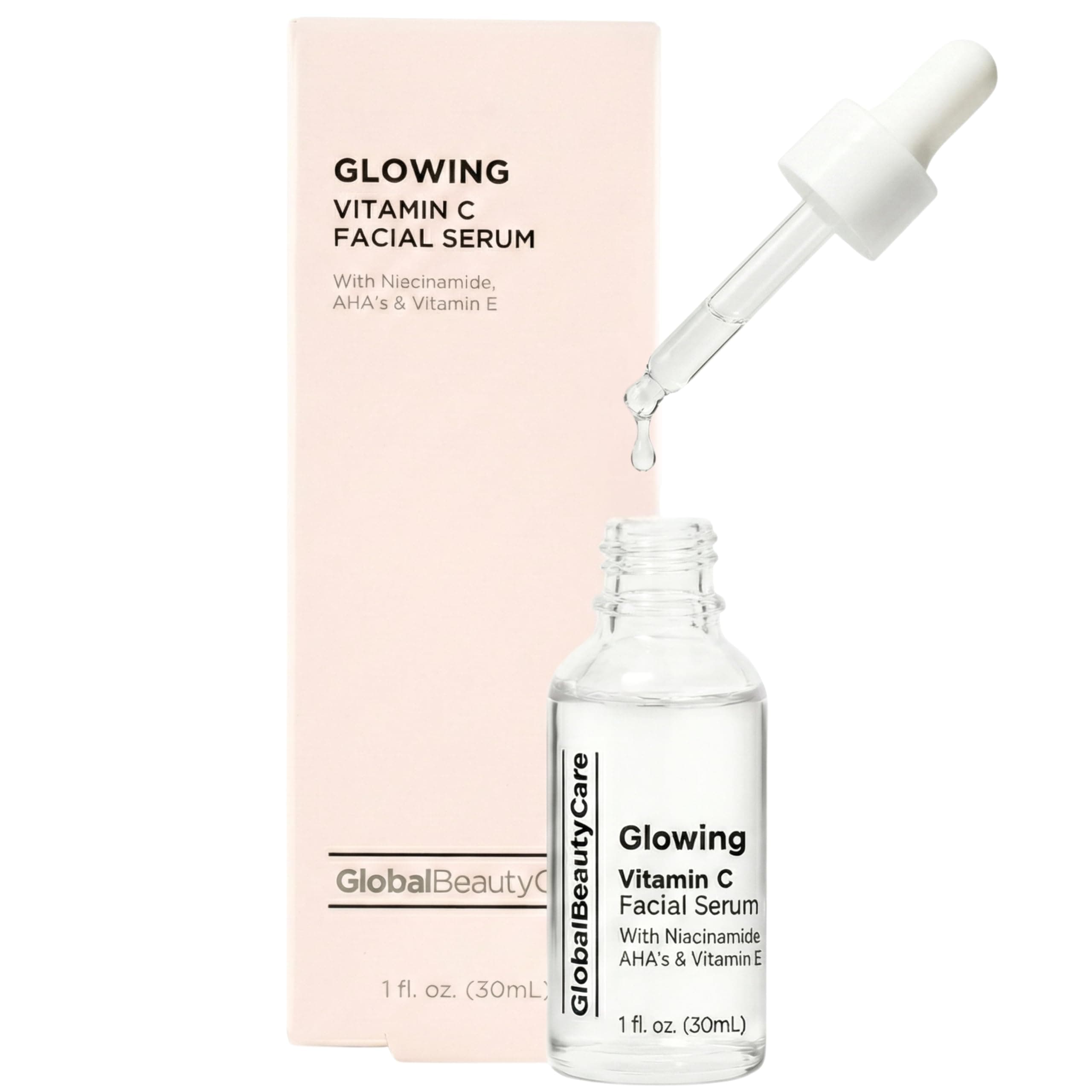 Global Beauty Care Glowing Vitamin C Facial Serum Radiance Boosting Face Serum to Help Improve Appearance of Dark Spots with Niacinamide, AHA & Vitamin E for Smooth Looking Skin Tone, 1 fl oz (1 Pack)