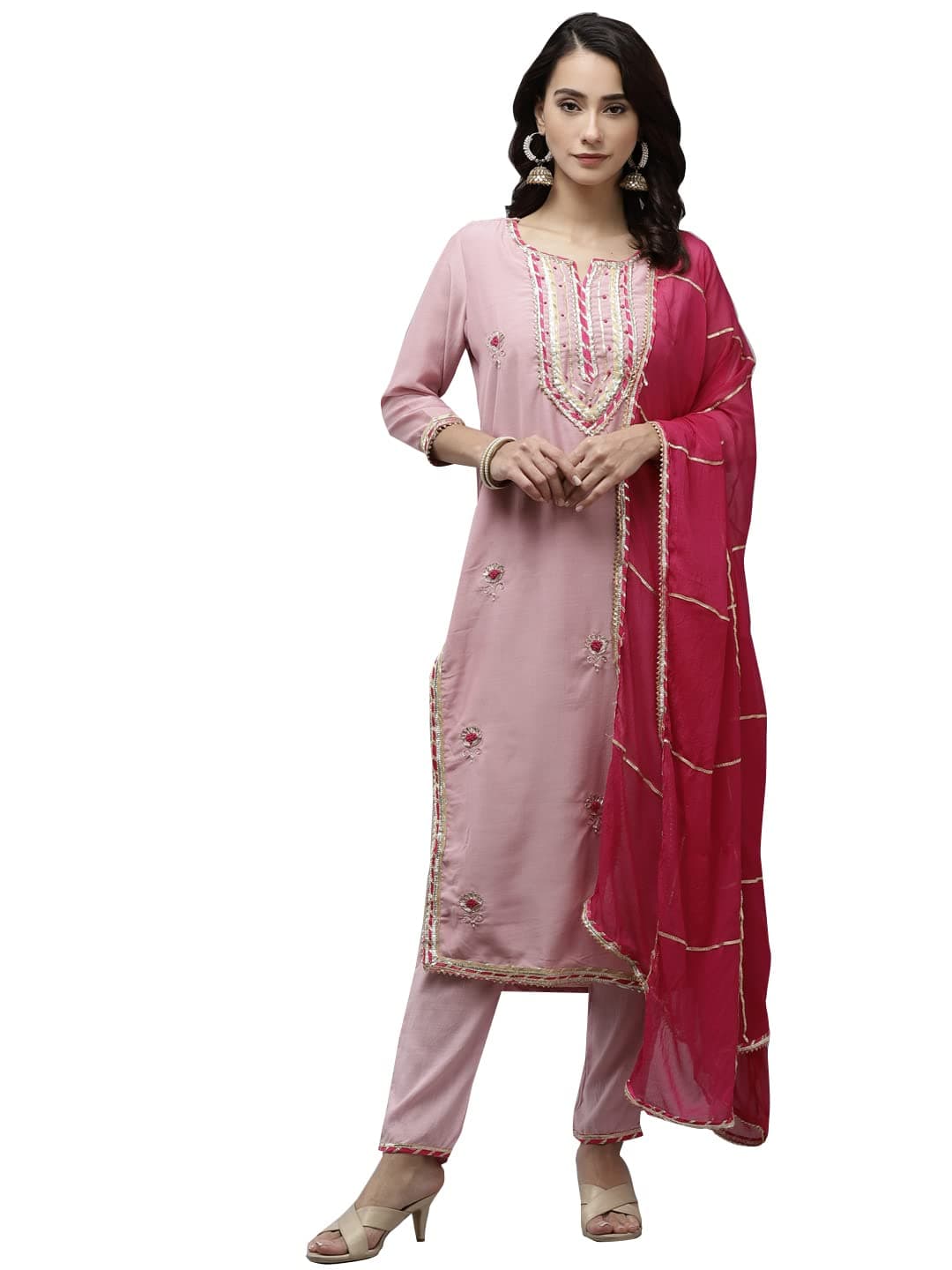 ishinWomen's Pure Silk A-Line Embroidered Gotta Patti Floral print Pink Kurta suit set with Trouser Kpldpnk-ff-10063_XL_Pink