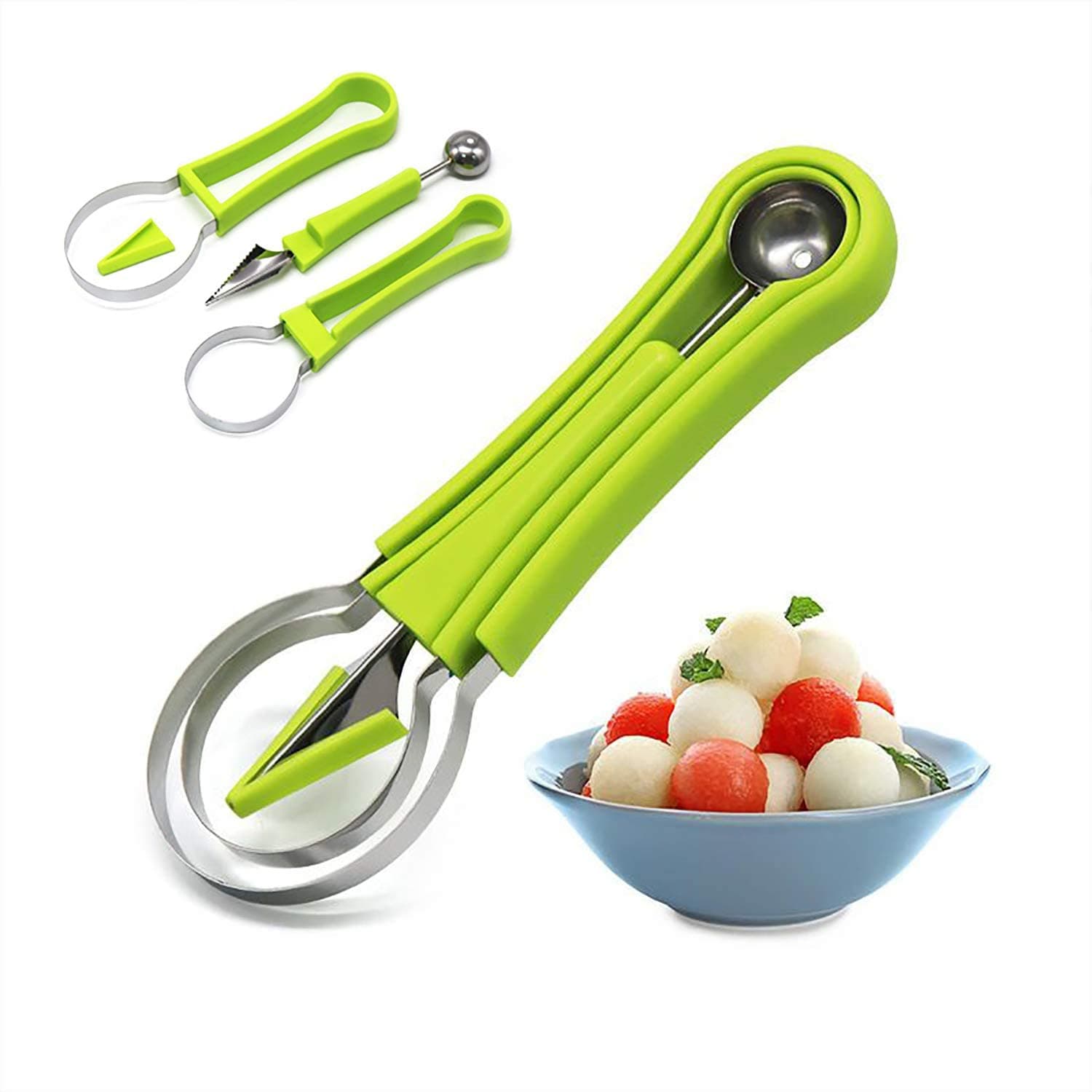 Melon Baller Scoop Set, Professional 4 in 1 Stainless Steel Watermelon Cutter Fruit Carving Tools Set,Fruit Scooper Seed Remover Watermelon Knife for Dig Pulp Separator (4 in 1 Scoop) (Standard)