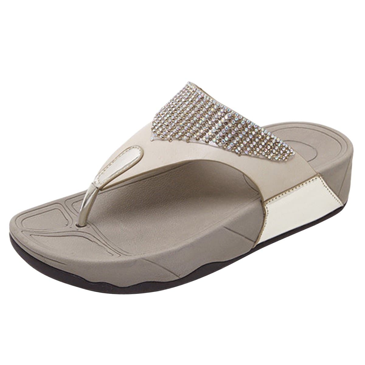 LUXINYU Women Flip Flop Sandals - Wedge Heel Beach Slides, Rhinestone Thong Sandals,White US 6