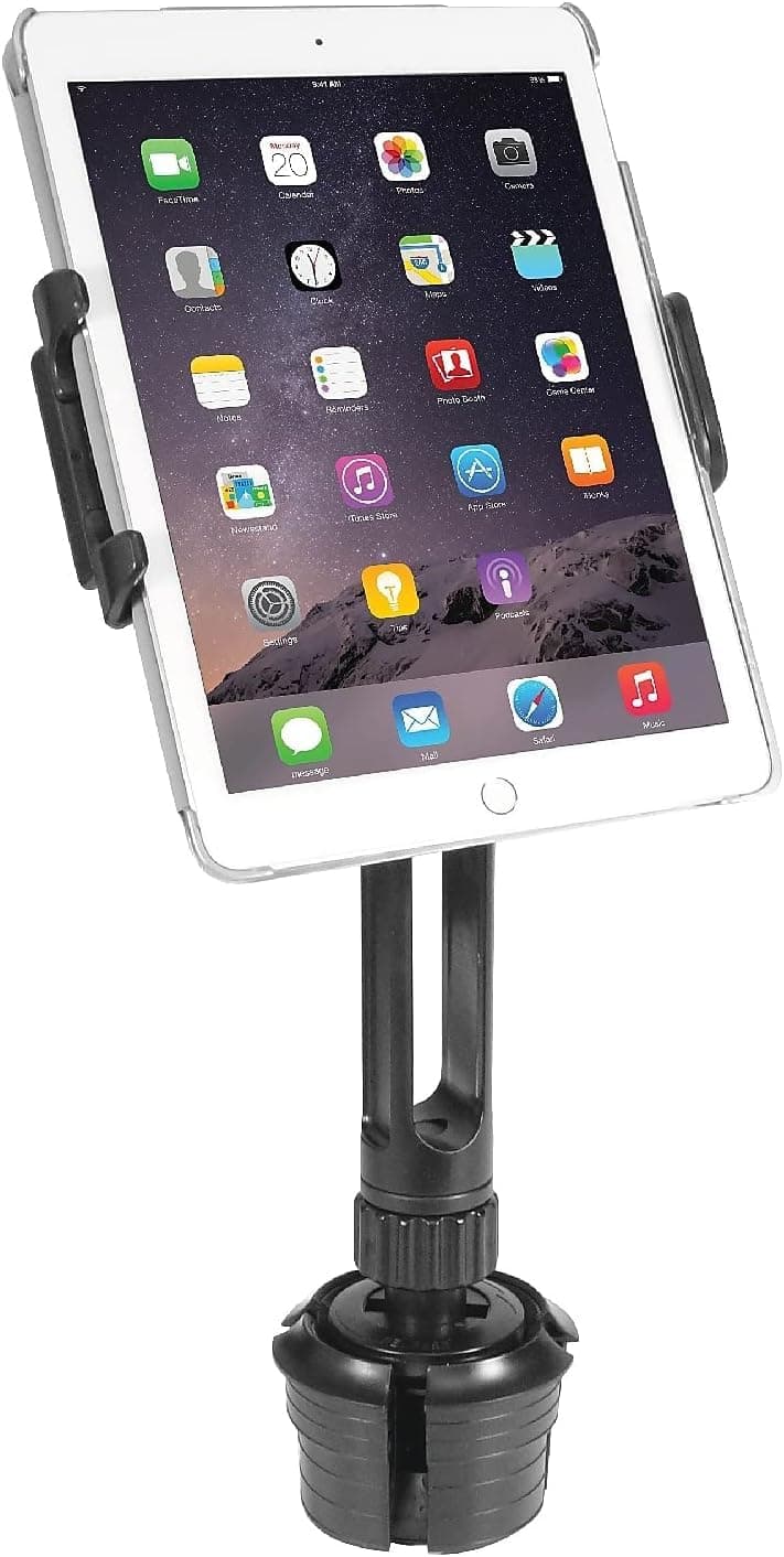 Macally Cup Holder Tablet Mount - Heavy Duty iPad Cup Holder Car Mount Stand or Tablet Holder for Car, Truck, and Vehicle - Fits Devices 3.5" - 8” Wide with Case - Adjustable iPad Holder for Car