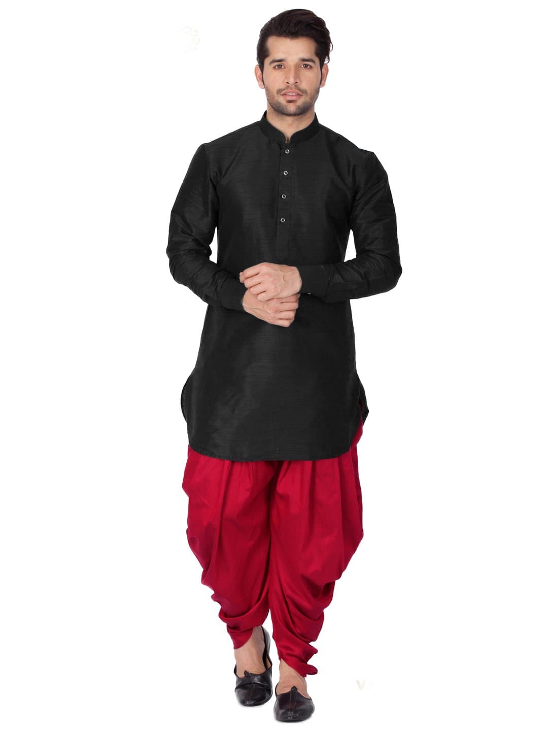 VASTRAMAY VM Mens Silk Blend Kurta And Dhoti Set - Classic Ethnic Attire| Curved Shape Pathani Style Men's Mid Length Full Sleeves Mandarin Collar Kurta With Cowl Style Patiala Dhoti Pant Set