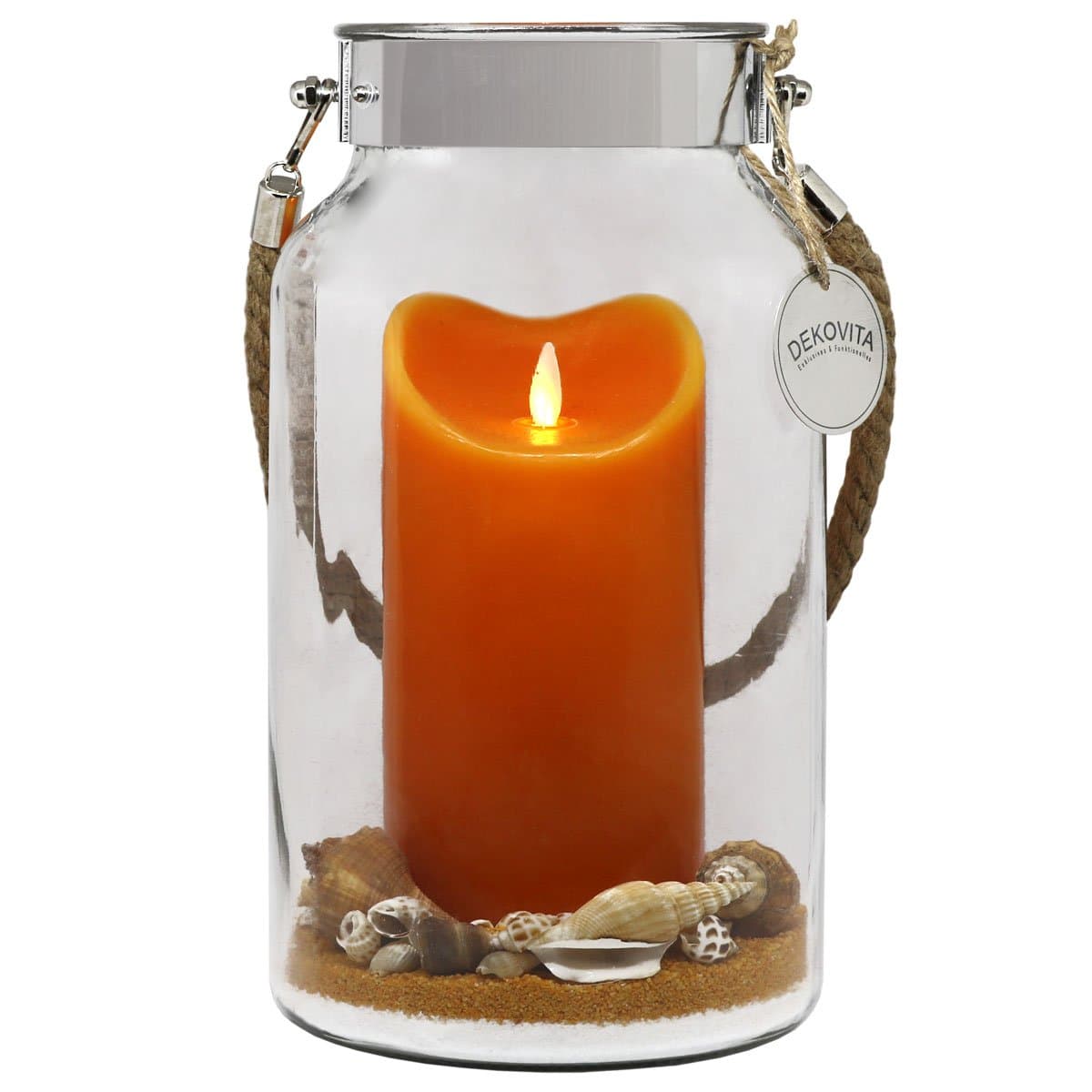DEKOVITA Gift Idea 30cm Decoglass LED Real Wax Candle orange with moving flame and Deco-Sand Easter Mother's Day Birthday