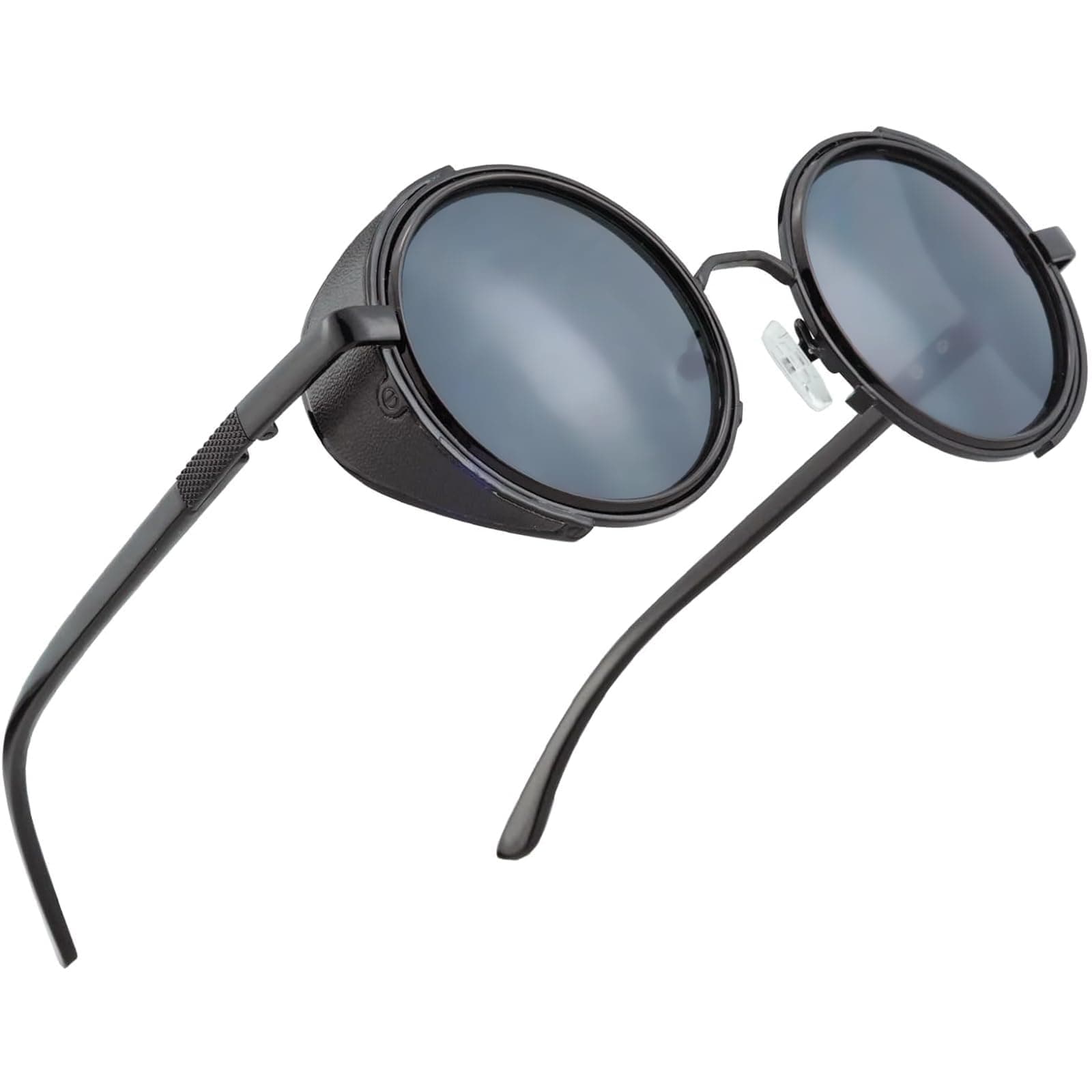Round Sunglasses Retro Steampunk Black Circle Metal Frame Vintage Sunglasses for Men and Women - Shade Eyewear Leather for Party, travel, shopping, Birthday Cosplay - Anti-Blue UV400