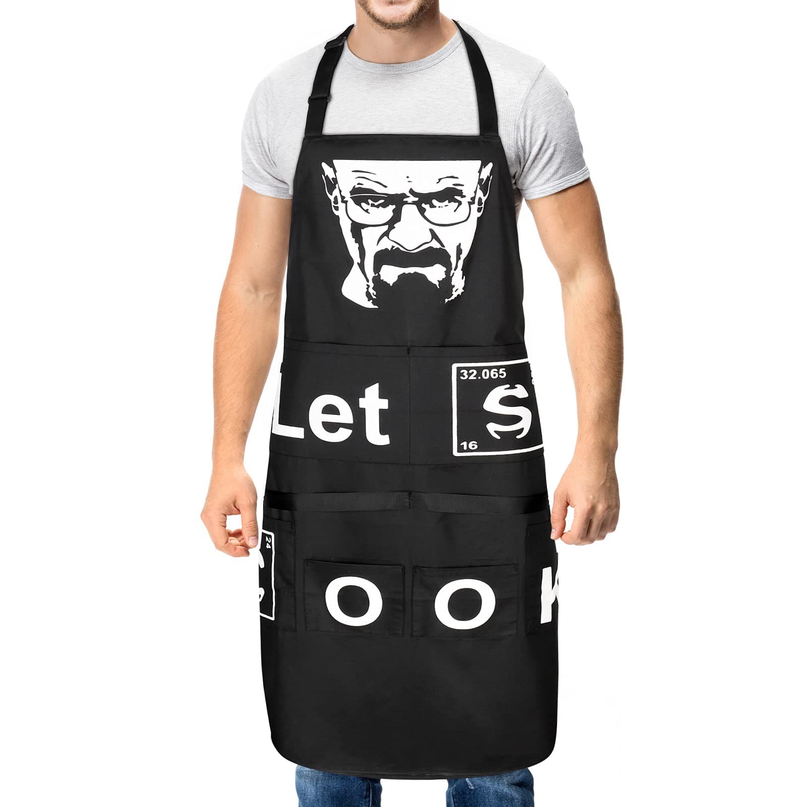 SOSPIROFunny Apron for Men, Dad Gifts Black Grilling Kitchen Aprons with 6 Pockets-“Let’s Cook”-Waterproof Professional Cooking Apron Cooking Gifts