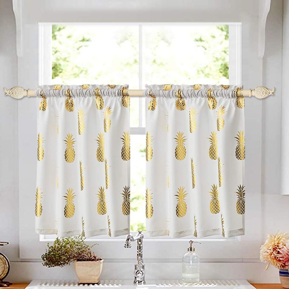 Kitchen Tier Curtains 24 Inch for Living Room - Pineapple Cafe Curtains for Bathroom - Metallic Print Golden Pineapple Short Window Set, Rod Pocket 2 Panels