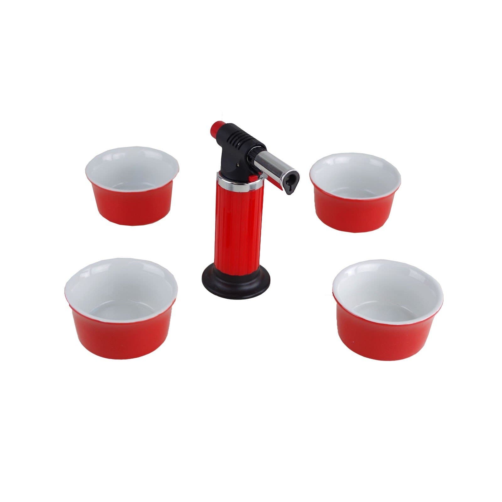 Refillable Butane Gas Creme Brulee Burner with 4 Porcelain Ramekins