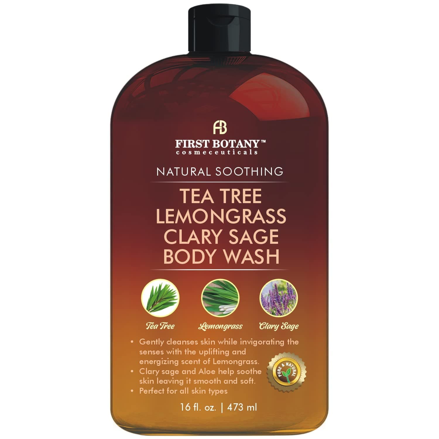 ALL Natural Body Wash, Fights Body Odor, Athlete's Foot, Jock Itch, Dandruff, Acne, Eczema, Shower Gel for Women & Men, Skin Cleanser -16 fl oz (Tea Tree, Lemon Grass, Clary Sage)