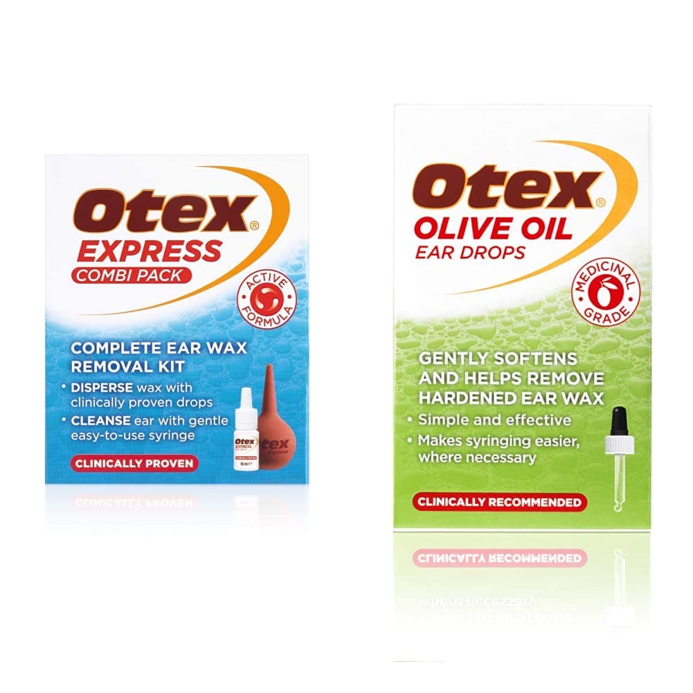 OTEXExpress Combi Pack Drops with Ear Syringe, 10ml & Olive Oil Ear Drops, 10ml. Ear Wax Removal Drops For Excessive, Hardened Ear Wax