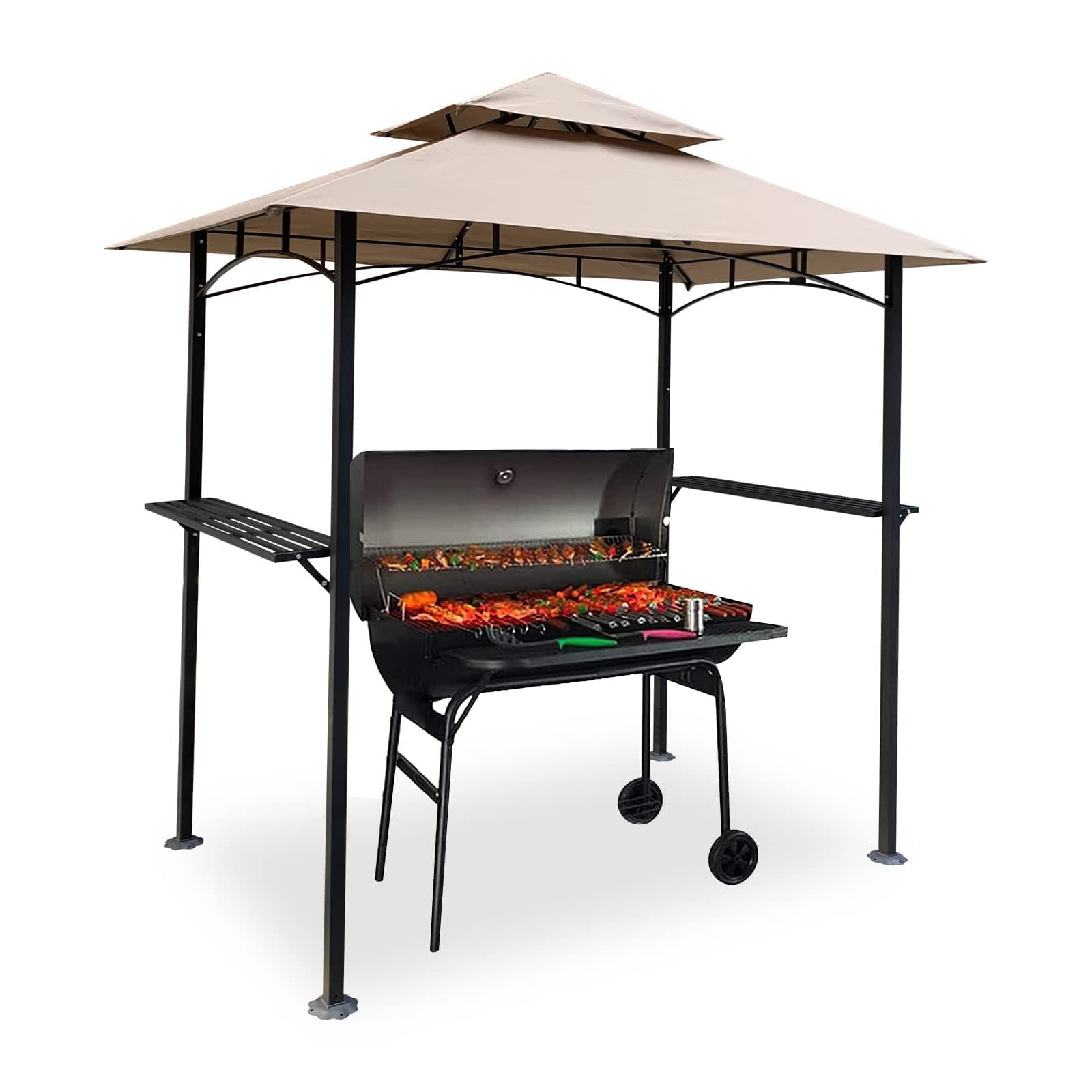 BBQ Shelter, Grill Gazebo with vented Double-Tier Waterproof Roof, BBQ Gazebo for Patio and Backyard (Beige)