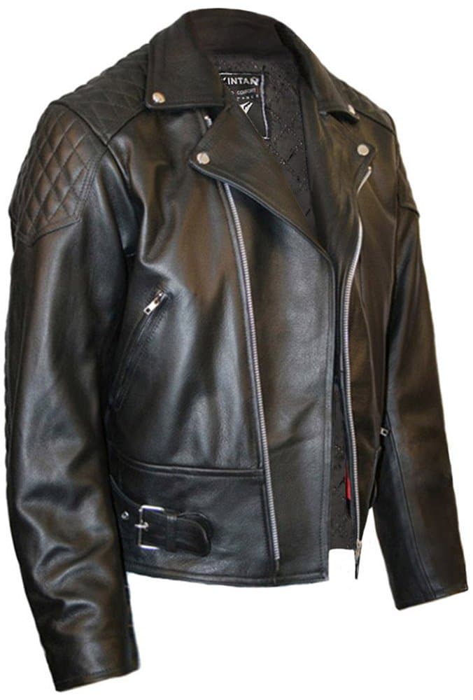 SkintanMens Leather Biker Motorcycle Jacket Black