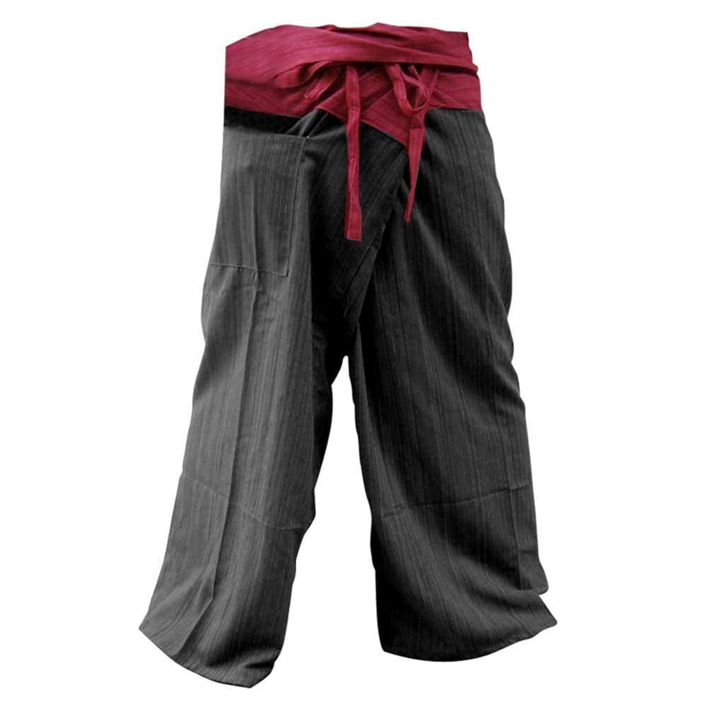 Thaimart Fisherman PantsNice 2 TONE Thai Fisherman Pants YogaTrousers FREE SIZE Plus Size Cotton Drill Striped Rustic Red and Charcoal
