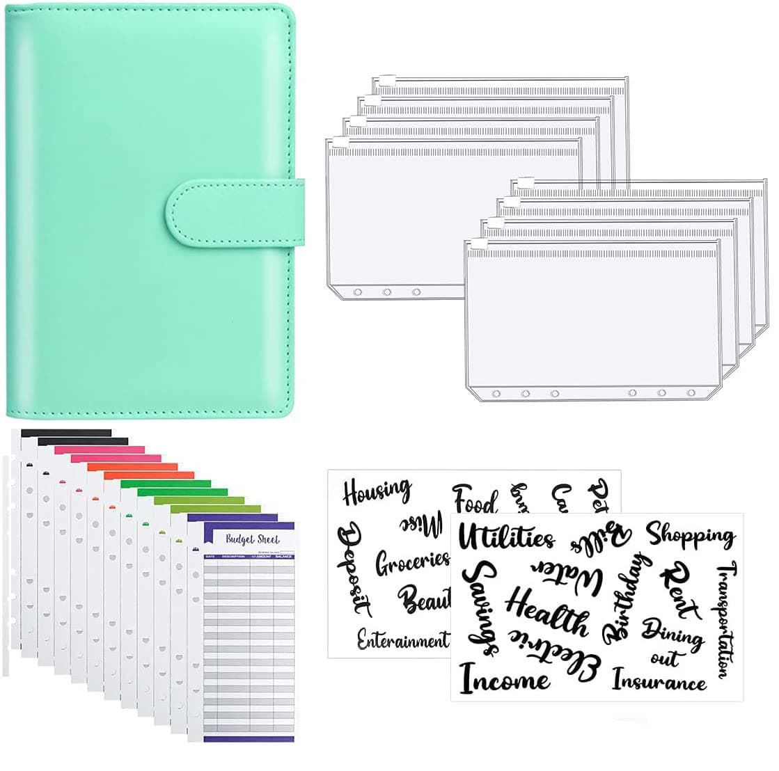 Wawasia 23 PCS PU Leather Cover Budget Notebook Binder with Cash Envelopes, Magnetic Zipper, Budget Sheets, Words Sticker Binder, A6 Pocket Budget Binder Green