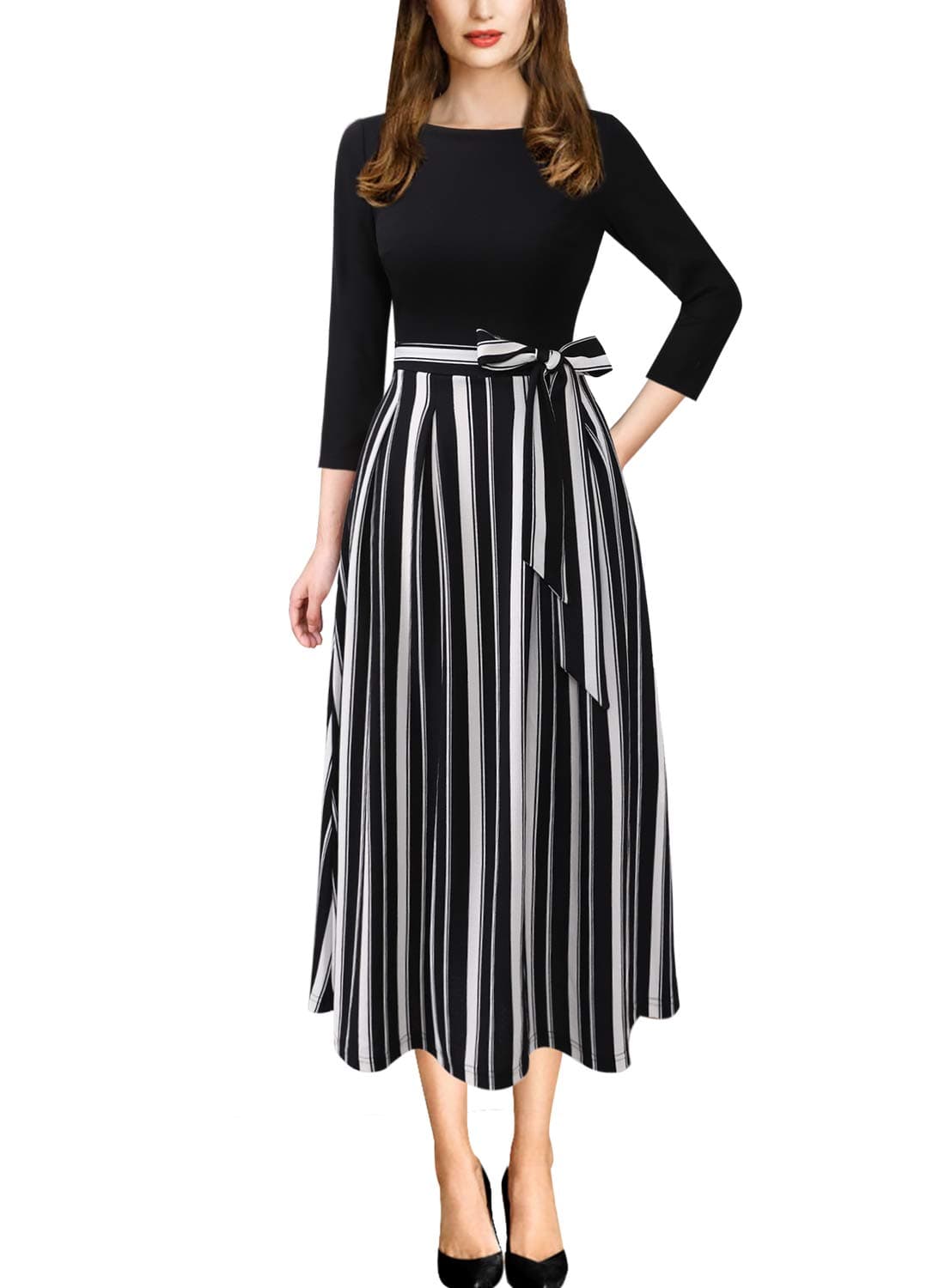 Womens Elegant Pockets Belted Work Business Office Casual Party Pleated A-Line Midi Dress