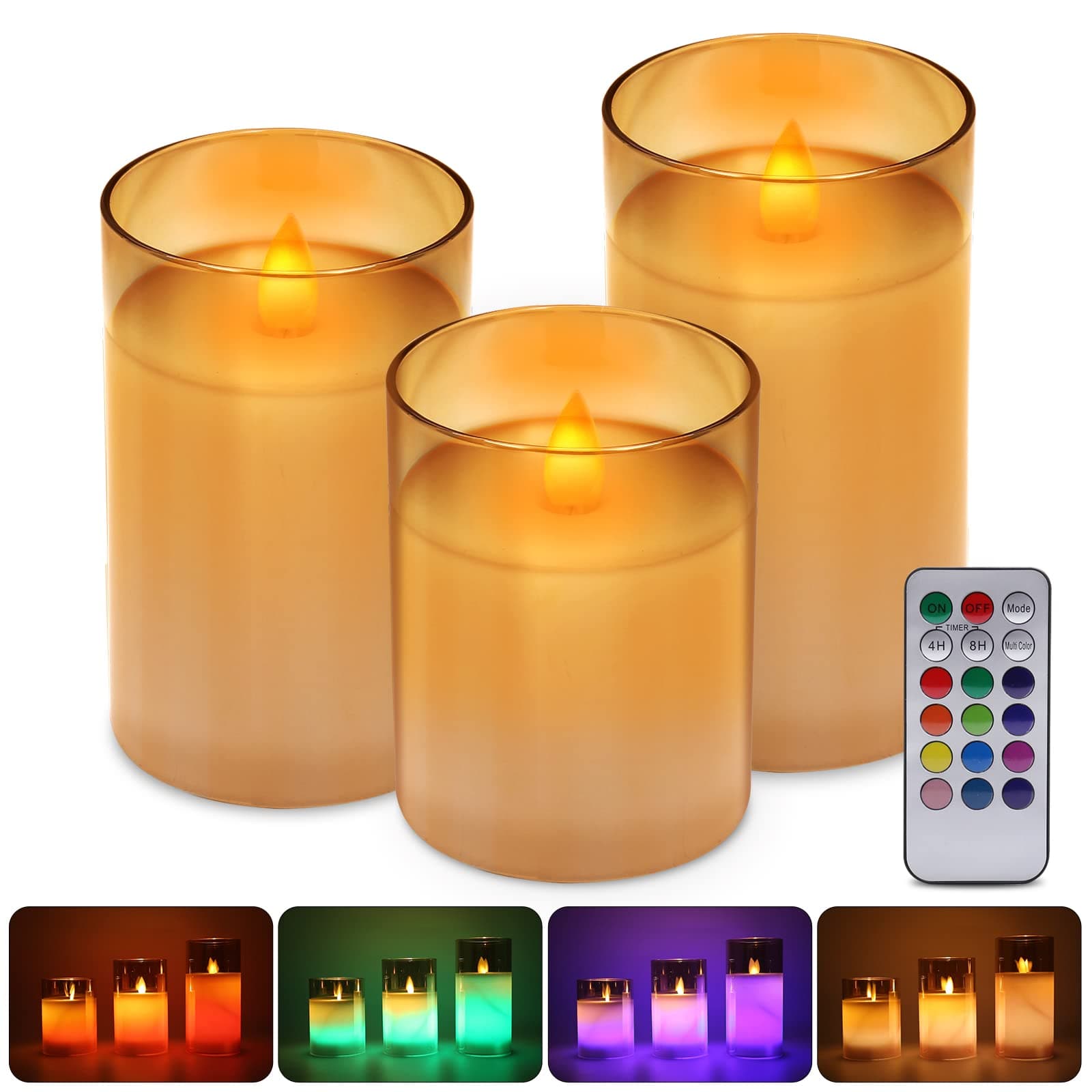 3 Size LED Votive Candles,LUXONIC Amber Glass Cup Flameless Candle Lights Kit,2AA Battery Charging 12 Light Color+Timer with 18-Key Remote,Pillar Tealights for Table,Hotel,Wedding,Church,Home Decor
