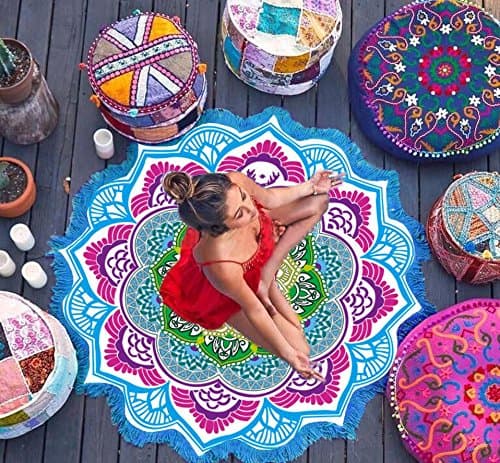 meizhouer New Thickened Cotton Towel with Tassel Mandala Tapestry Round Beach Towels Yoga Mat Beach Cover Up Blanket