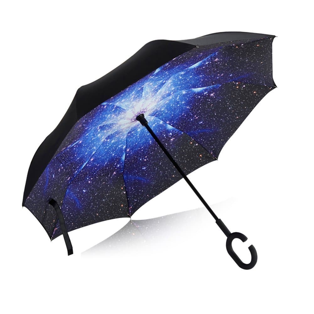 Double Layer Inverted Umbrella UV Protection Windproof Reverse Umbrella Large with C-Shaped Handle for Car Travel (Vehicle Safety, Starry Sky)