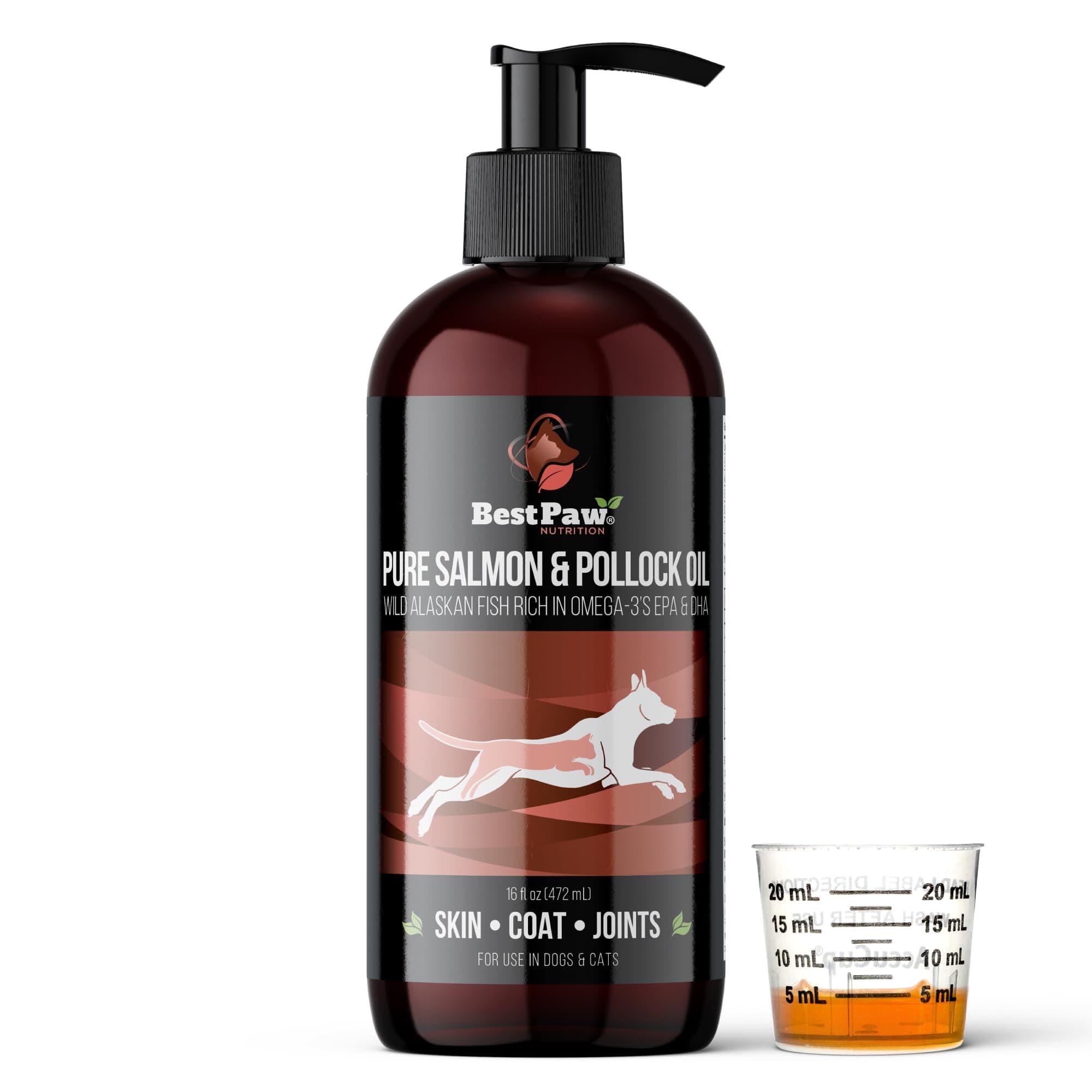 Wild Alaskan Salmon & Pollock Oil for Dogs & Cats Skin and Coat - Fish Oil Liquid with Pump - Supports Joint Function, Eye+Heart Health - Omega 3 Liquid Food Supplement - All Natural EPA + DHA - 16oz