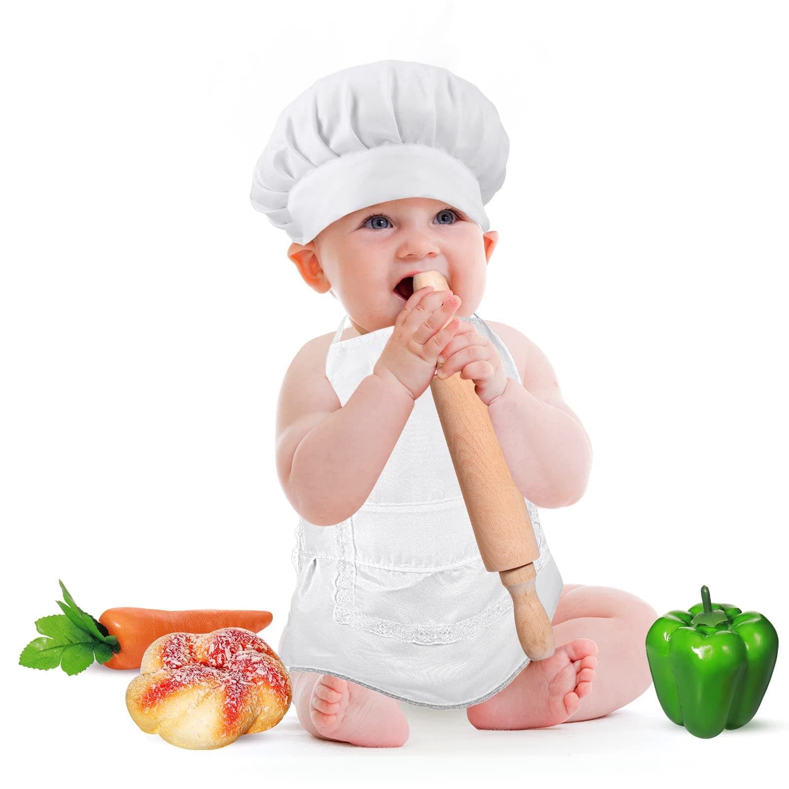 Haysandy 5 Pcs Baby White Chef Outfit Newborn Apron Chef Hat Uniform Outfits with Carrots Rolling Pin for Infant Photography