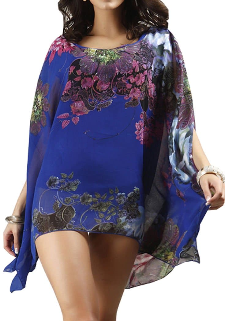 Women's Bohemian Floral Loose Chiffon Blouse Caftan Poncho Tunic Tops (Blue-2)