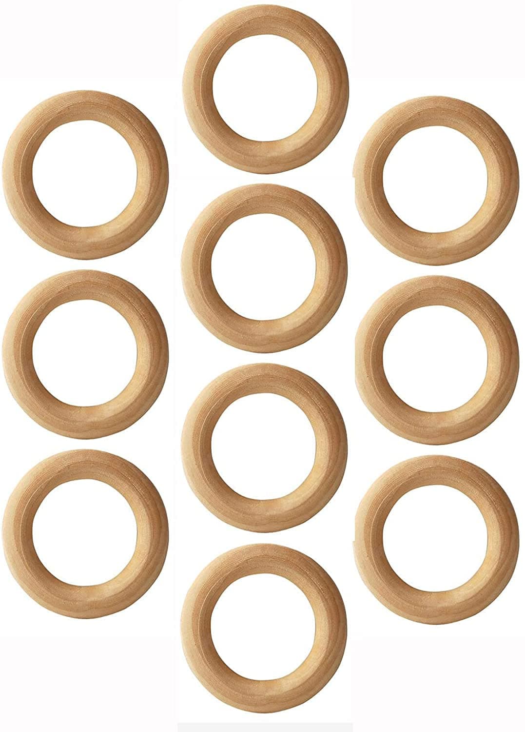 2 inches Natura Wooden Rings (50mm), Pack of 10, Without Paint Smooth Unfinished Wood Circles for Cotton Craft DIY Baby Teething Ring Pendant Connectors Making (60mm) (2 x 0.4 inches)