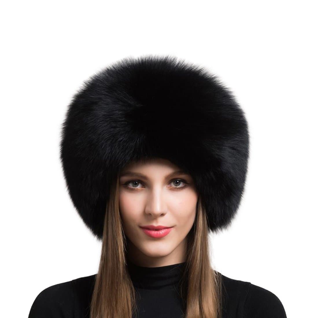 Women's Real Fox Fur and Sheepskin Winter Hat - Natural Thick Warm Hat (55-60cm, Black)