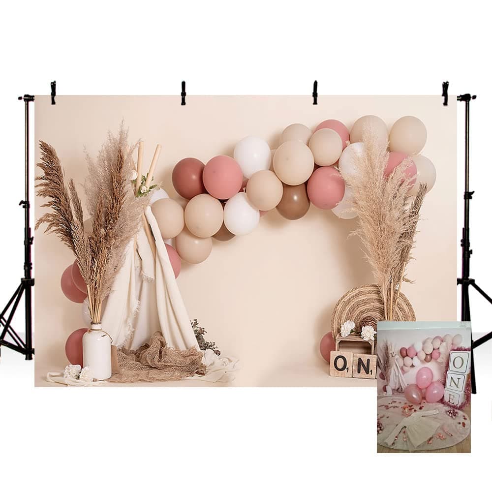 MEHOFOND 8x6ft Girl 1st Birthday Photo Backdrop Pink Balloons Boho Tent Straw Bohemian Theme Party Background Decor Newborn Photography Props Portrait Photobooth Studio
