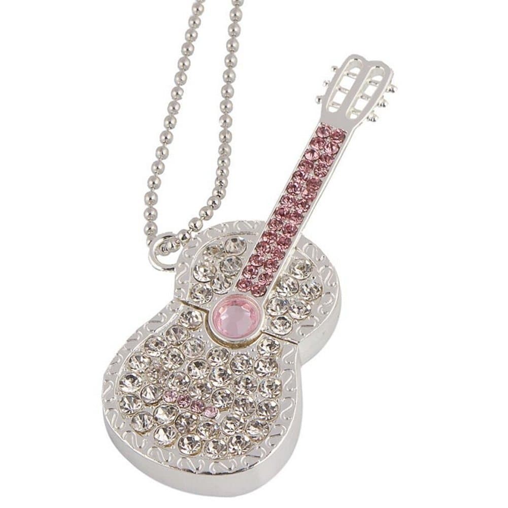 Shiny Crystal Diamond Guitar USB Flash Drive with Necklace:8GB(Silver)