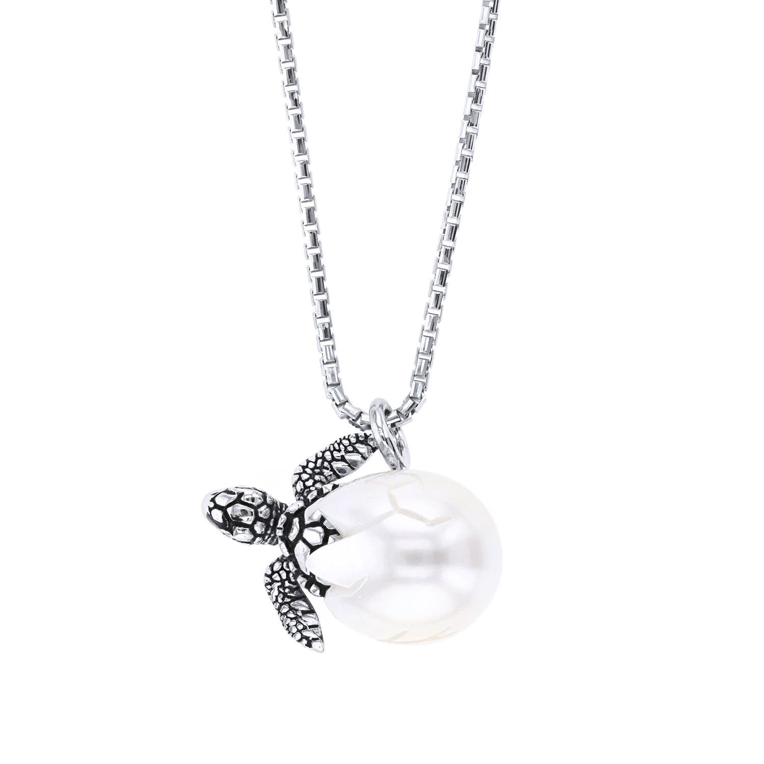 Galatea Sterling Silver Hand-Carved Freshwater Cultured White Pearl Turtle Pendant Necklace, 18"