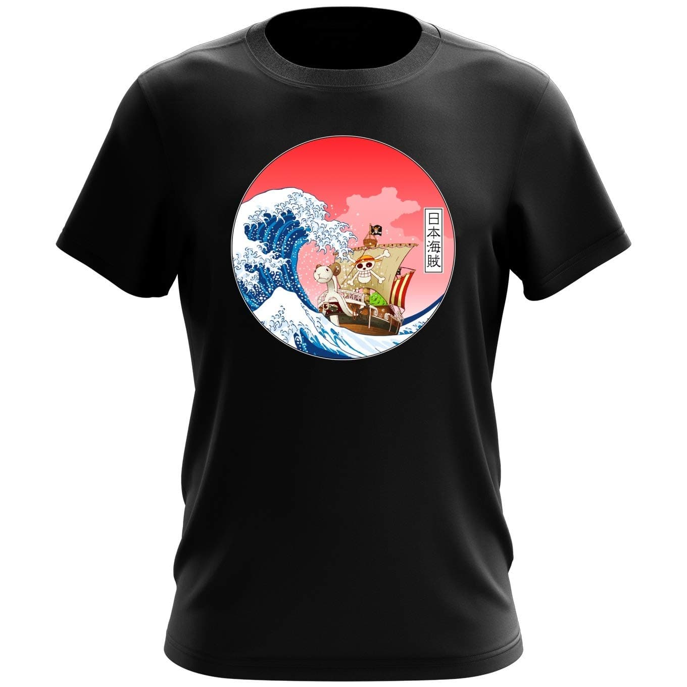 Okiwoki Funny One Piece Black T-Shirt - Going Merry X The Great Wave of Kanagawa (One Piece Parody) (Ref:801)