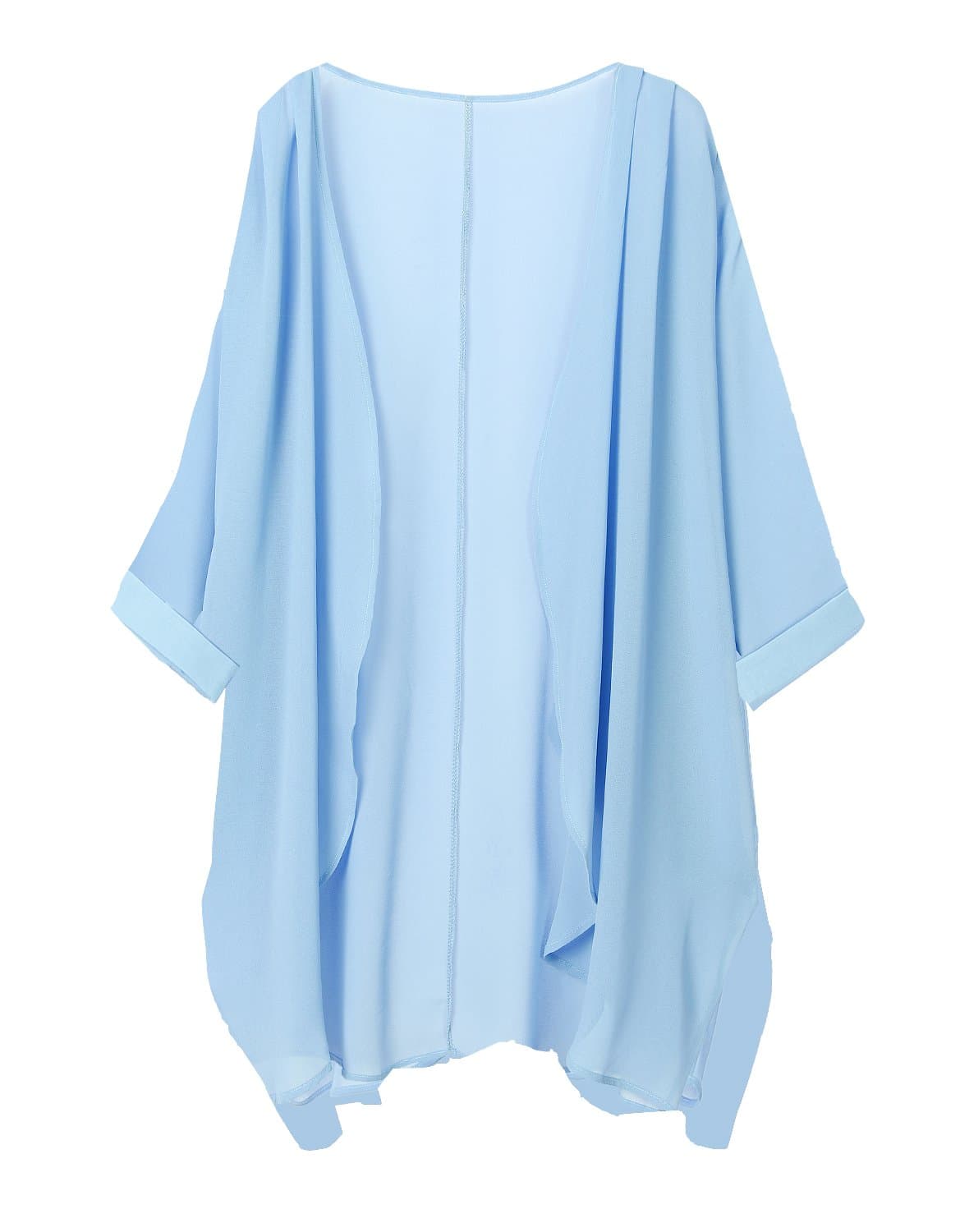Tribear Women's Sheer Chiffon Kimono Cardigan Solid Casual Capes Beach Cover up (X-Large, Light Blue)
