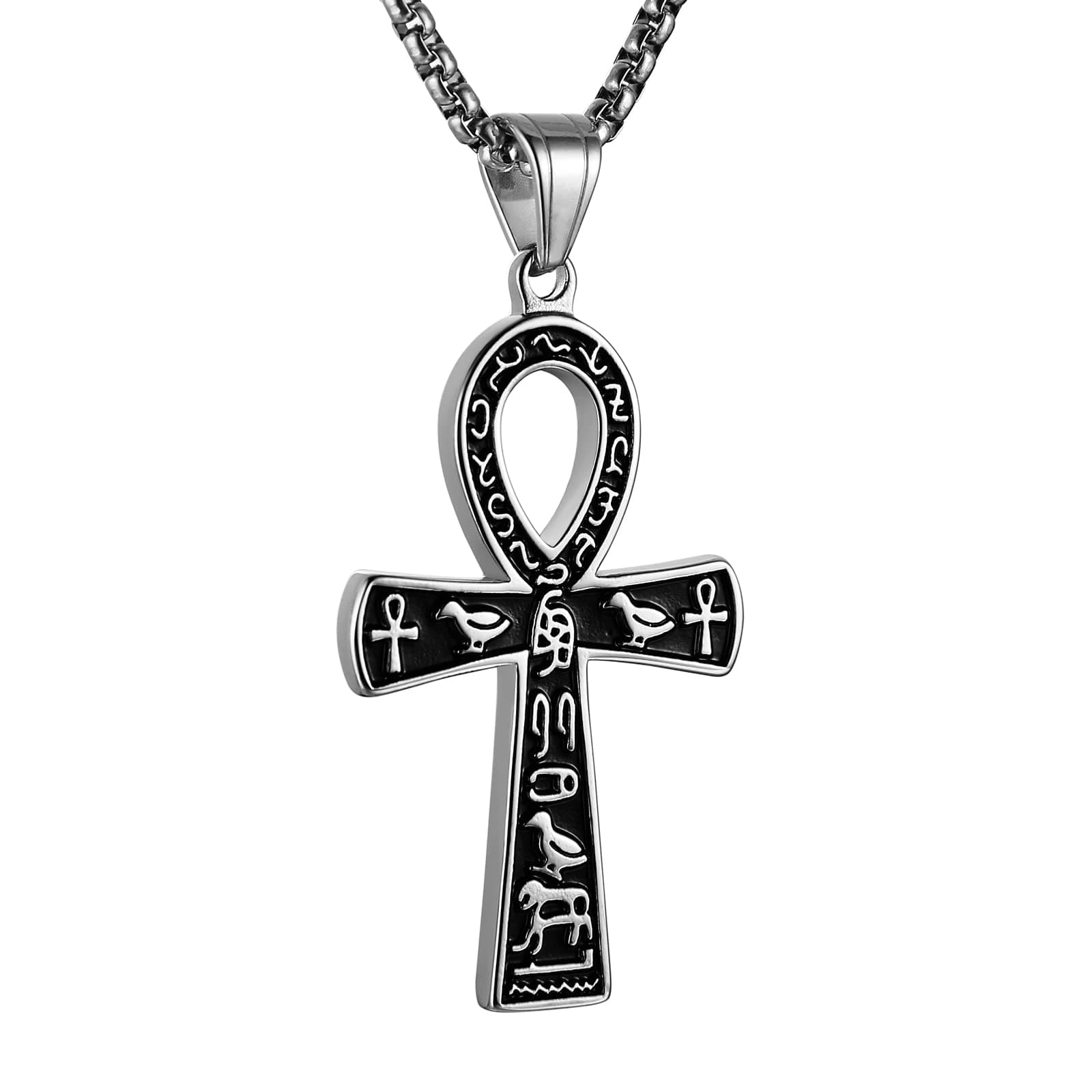 HZMAN Stainless Steel Large Ankh Cross Pendant Necklace Ancient Egyptian Hieroglyphic Symbol 22+2 Inch Chain Jewelry Gift