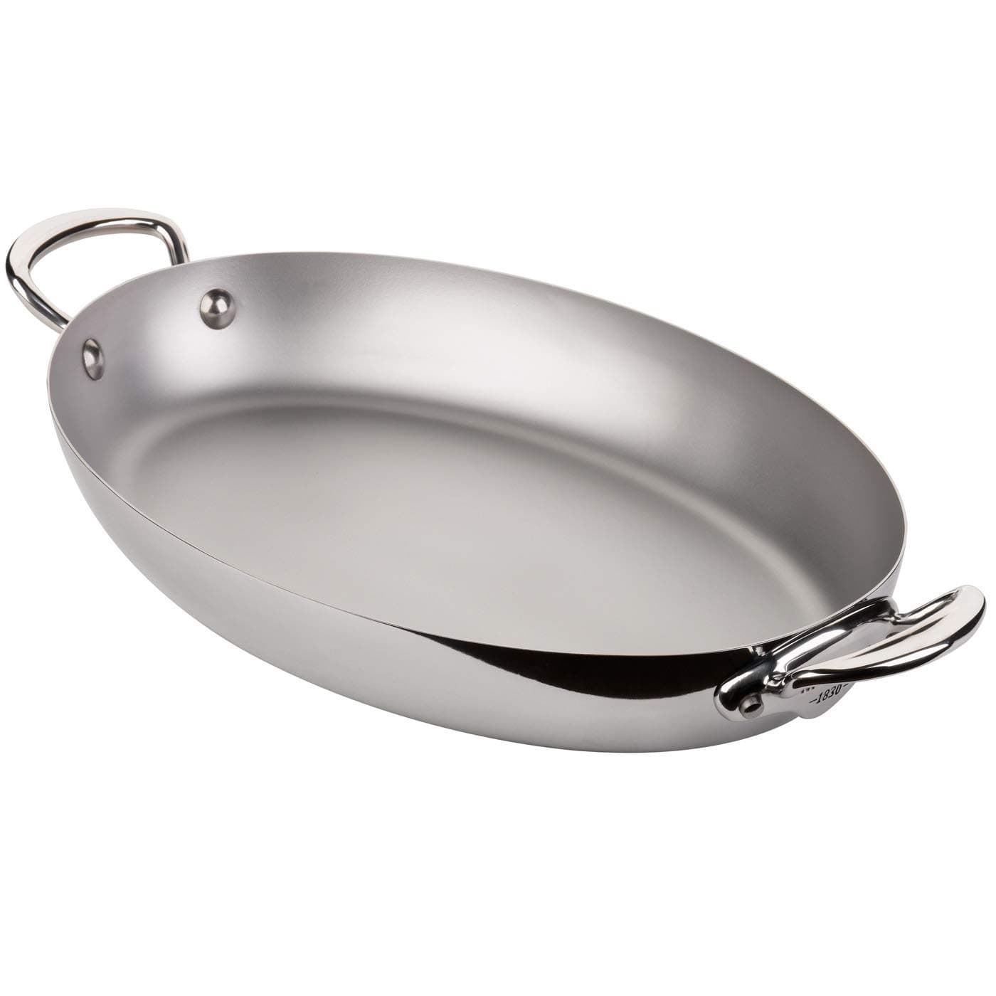 Mauviel M'Cook 5-Ply Polished Stainless Steel Oval Pan With Cast Stainless Steel Handles, 11.8-in, Made In France