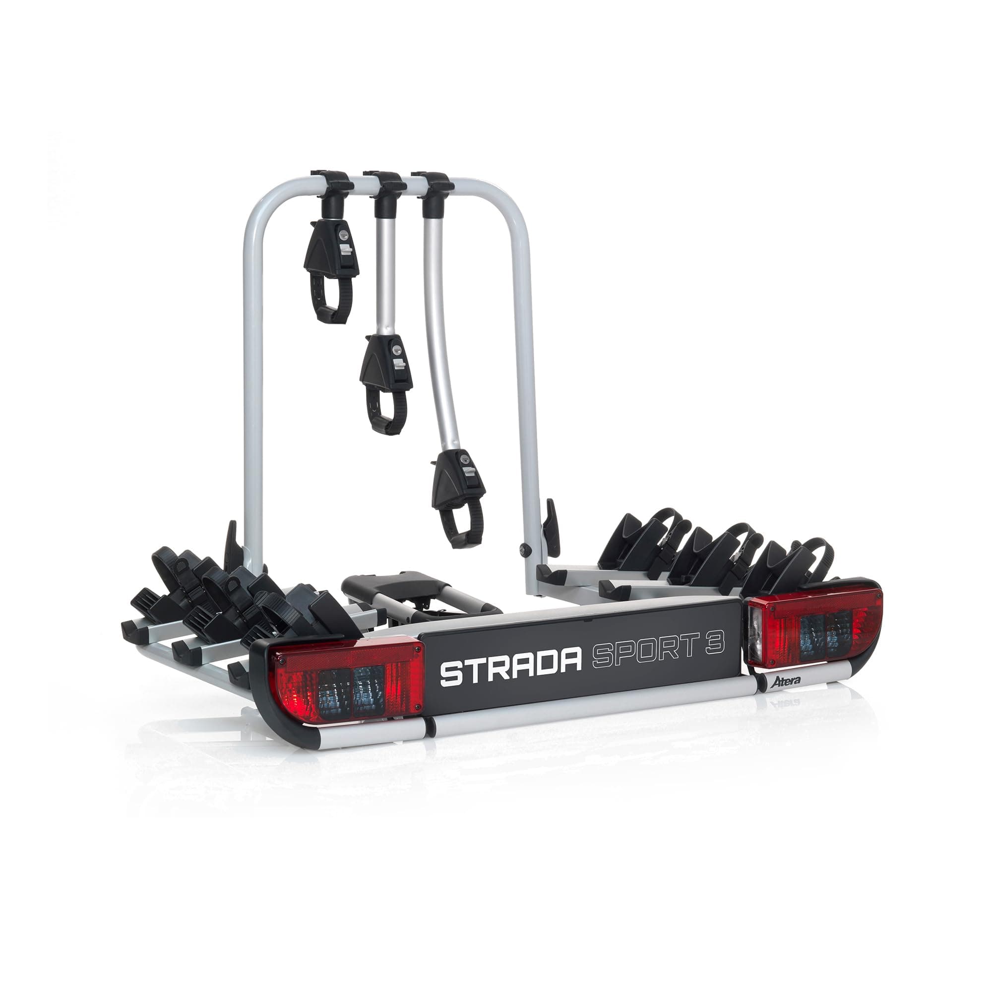 Atera 022695 Strada Sport 3 car bike rack, car tow-bar rack with lights – for 3 bikes, e-bikes – Black Edition