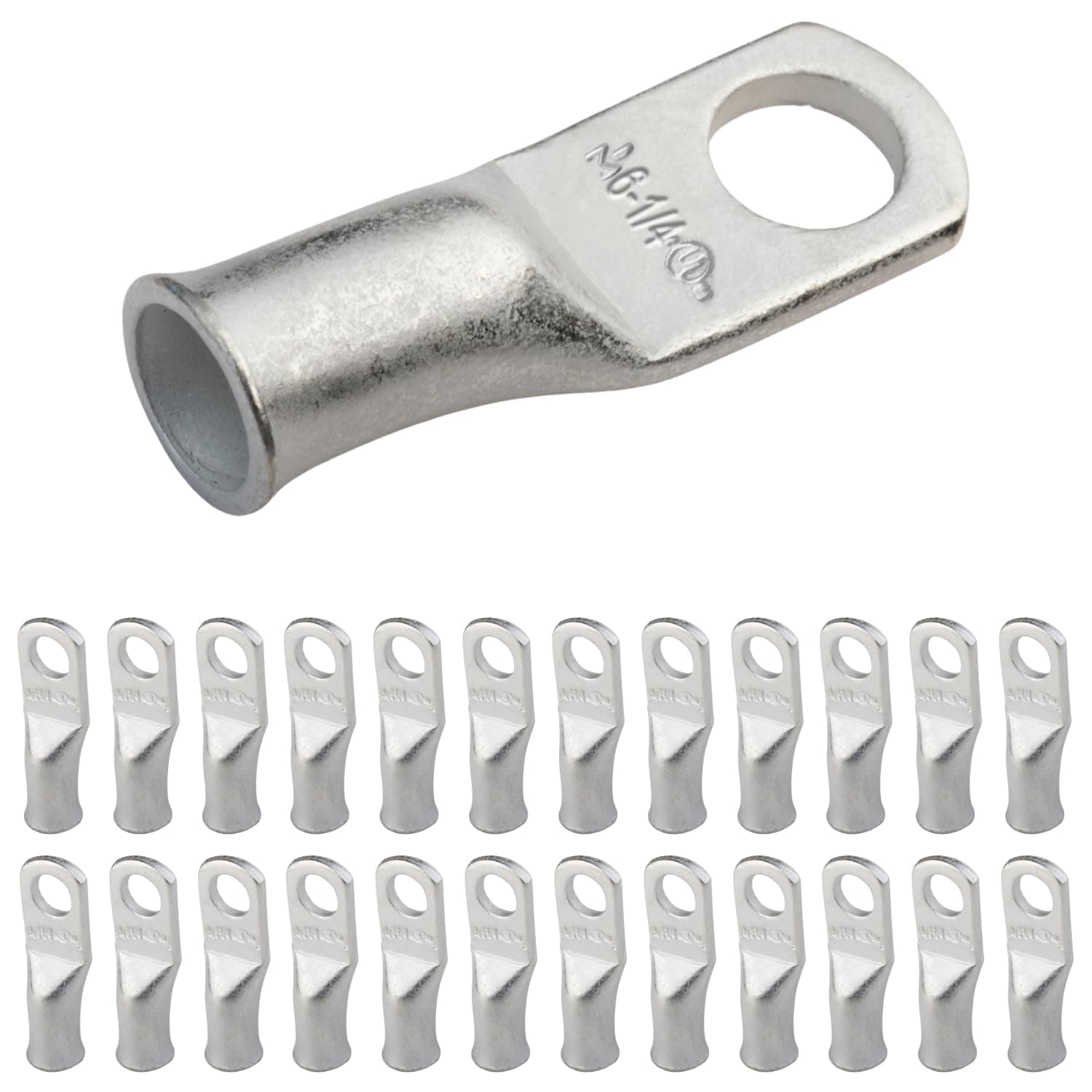 SELTERM 25pcs 6 AWG 1/4" Stud Marine Grade Tinned Copper Battery Cable Lugs, 6 Gauge Ring Terminals, UL Wire Lugs Electrical Battery Cable Ends, Tinned Copper Lugs Battery Terminal Connectors
