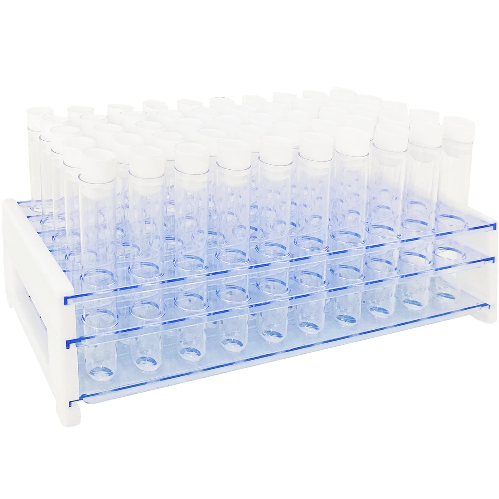 Panxxsen 50Pcs Clear Plastic Test Tubes with Rack,16x100mm(10ml) Test Tube with Caps and 50 Holes Tubes Rack for Scientific Experiments,Party,Decorate The House,Candy Storage