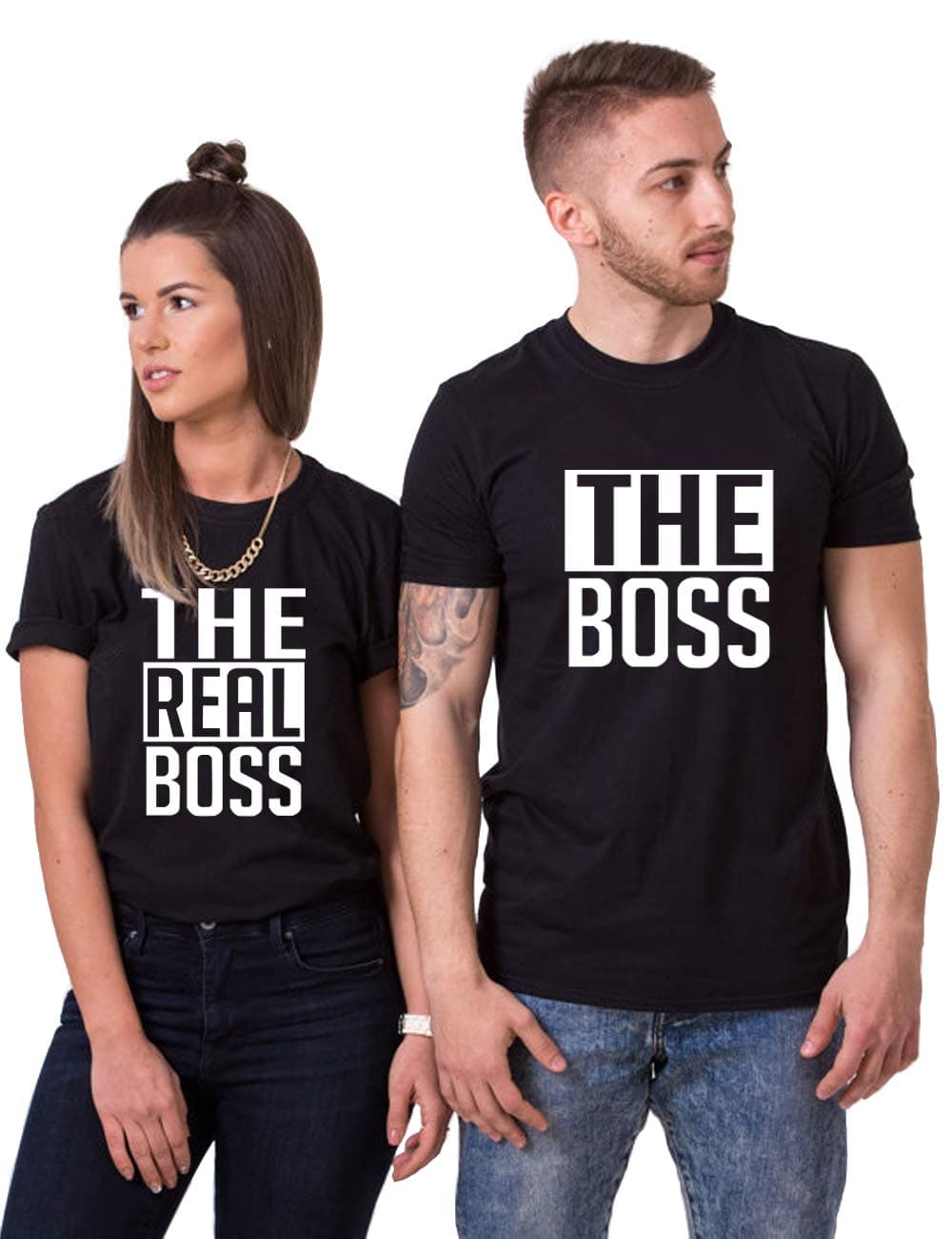 Matching Couple T-Shirts - His & Her - The Boss & The Real Boss -Letter Print - Short Sleeve - T-Shirt