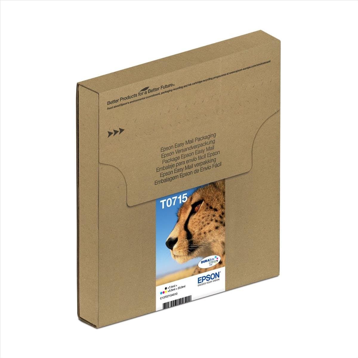 T0715 Cheetah Genuine Multipack, Eco-Friendly Packaging, 4-colours Ink Cartridges, DURABrite Ultra Ink,Black/Cyan/Magenta/Yellow