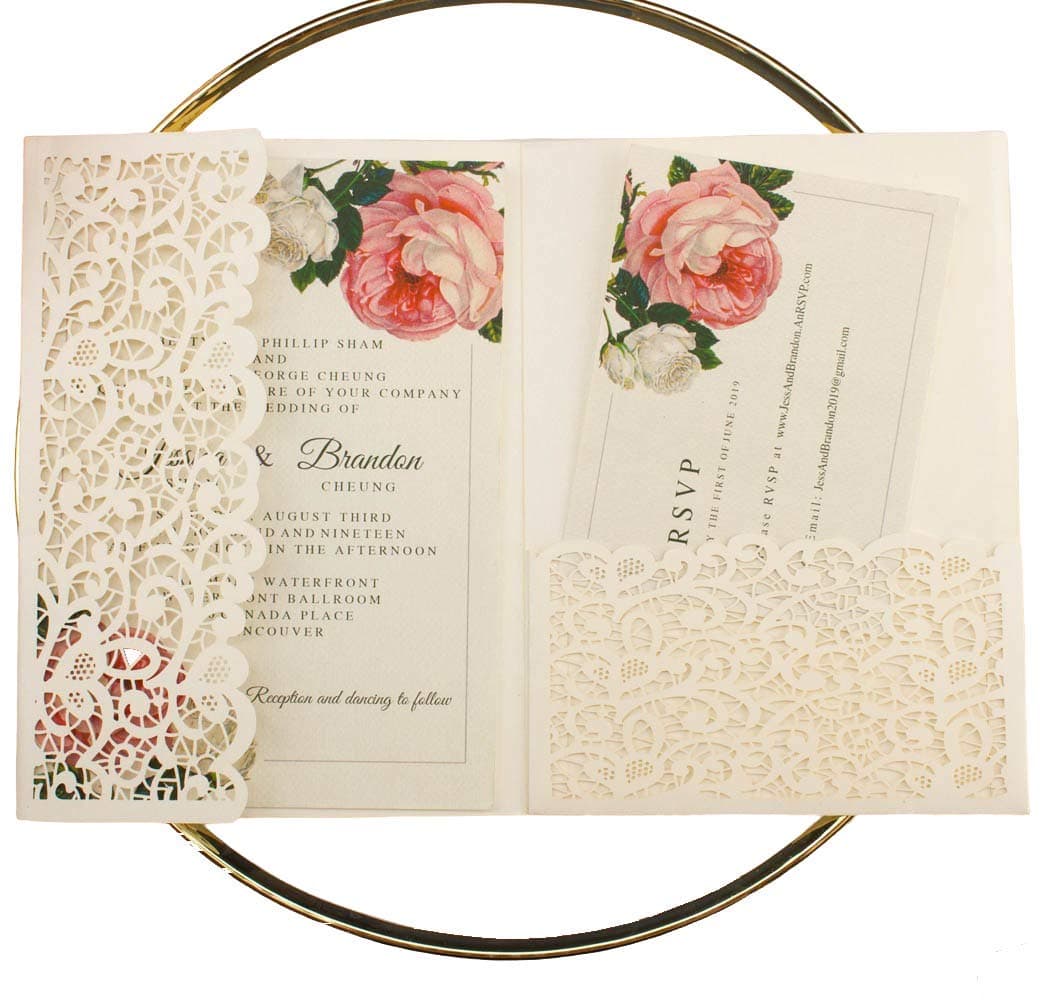 25pcs 5"x7.28" Ivory Vintage Tri Fold Wedding Invitations Cards pocket Pearl Paper Laser Cut Hollow Carving Greeting invites Covers only no envelope no insert