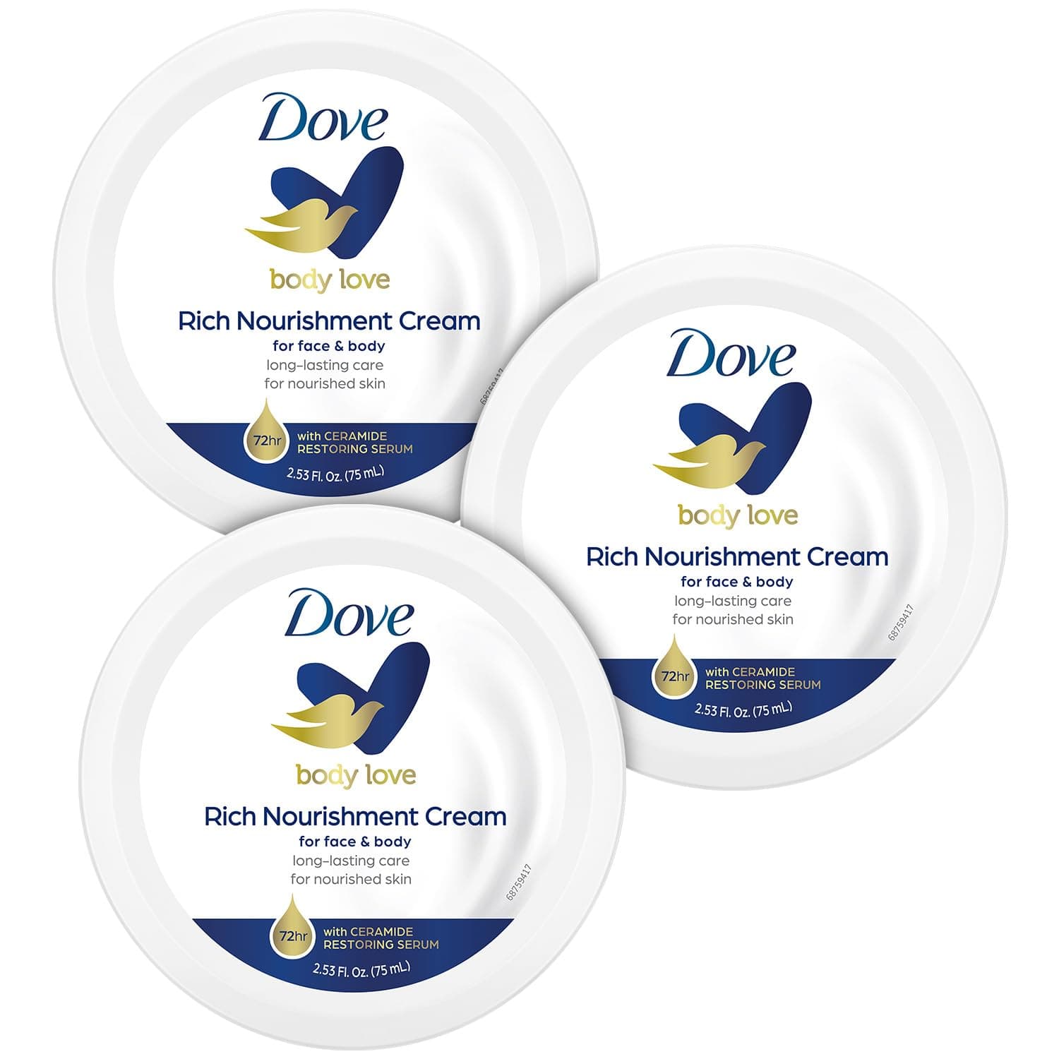 Dove Nourishing Body Care Face, Hand and Body Rich Nourishment Cream for Extra Dry Skin with 48 Hour Moisturization, 2.53 FL OZ (Pack of 3)