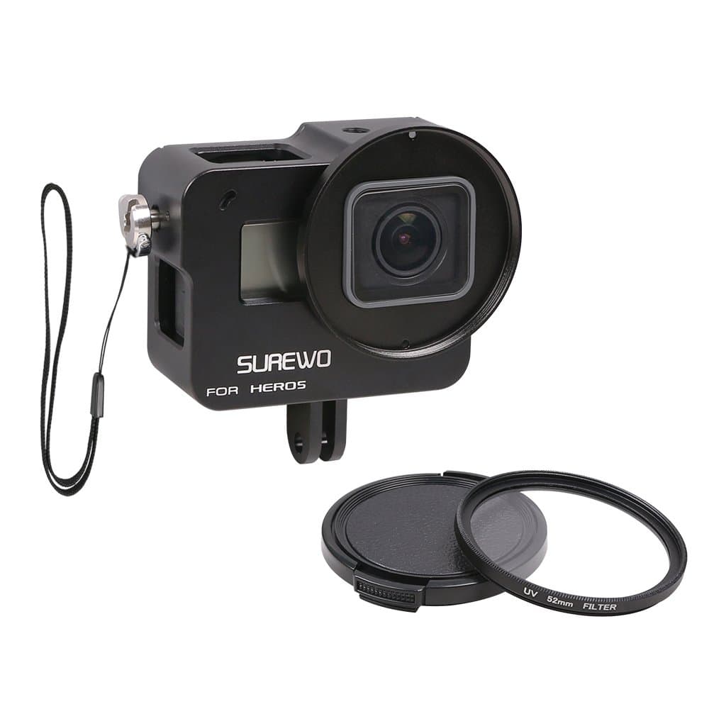 SUREWO Aluminum Case Frame,CNC Skeleton Housing with 52mm UV Filter Compatible with GoPro Hero New 7/6(2018)/5 Black