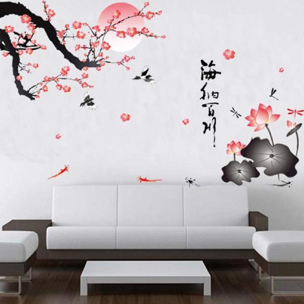 Wall Stickers Chinese Style All River Into The Sea Plum Blossom Lotus Flowers Art Design Decal DIY Decoration Removable Wallpaper 3D for Home Living Room Bedroom Bathroom Kitchen Decor Mural Quotes