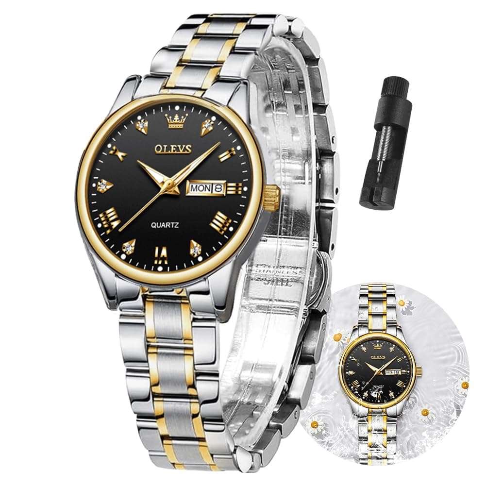 Gold Watches for Women Classic Stainless Steel Waterproof Womens Wrist Watch Small Face Ladies Watches with Day Date Analog Quartz Dress Women's Watch Casual Gold Silver Black Dial Female Watch