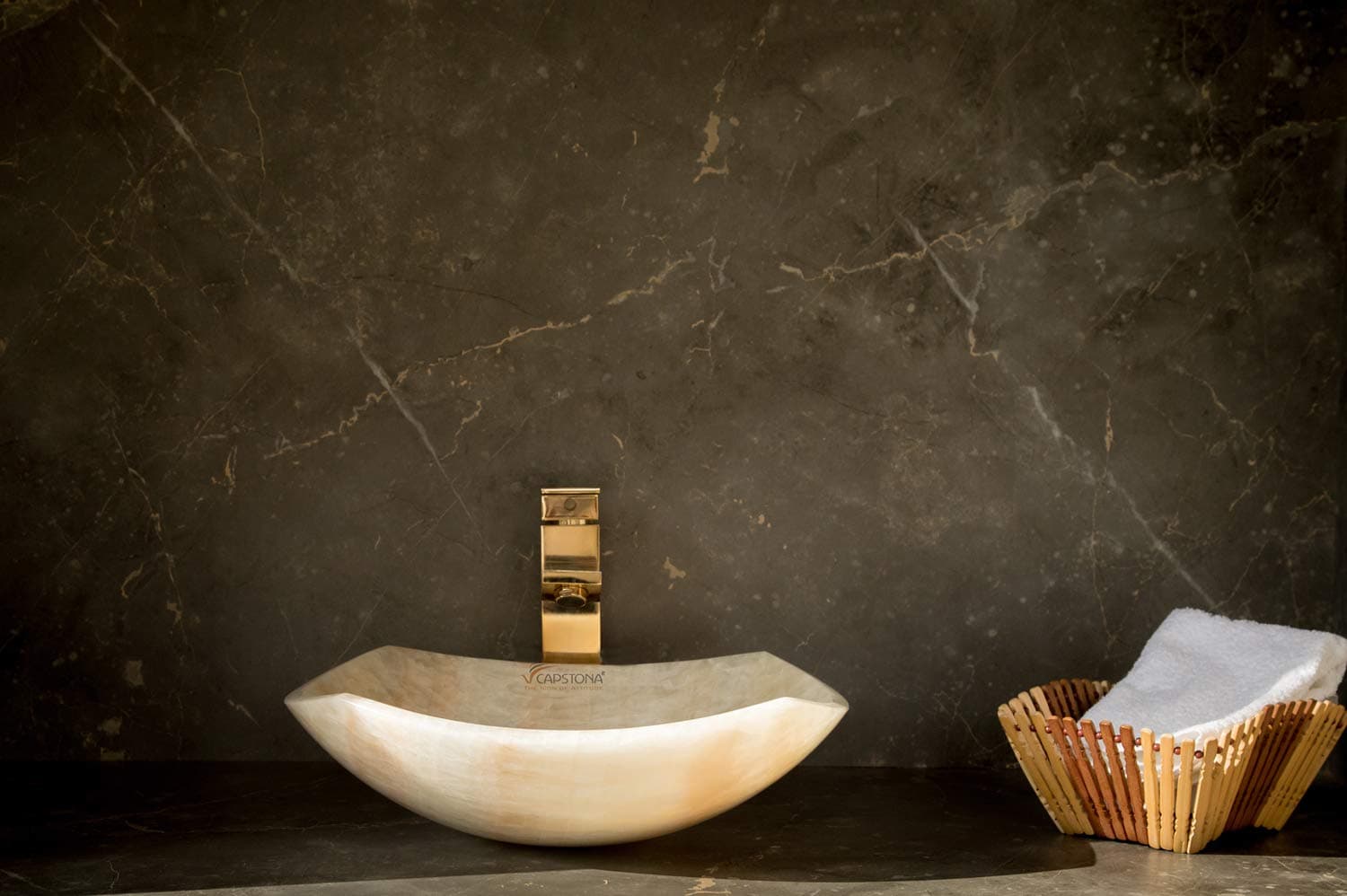 CAPSTONA Marigold Honey Onyx Wash Basin Designer Yellow Bathroom Stone Tabletop/Countertop Sink 370 x 370 mm