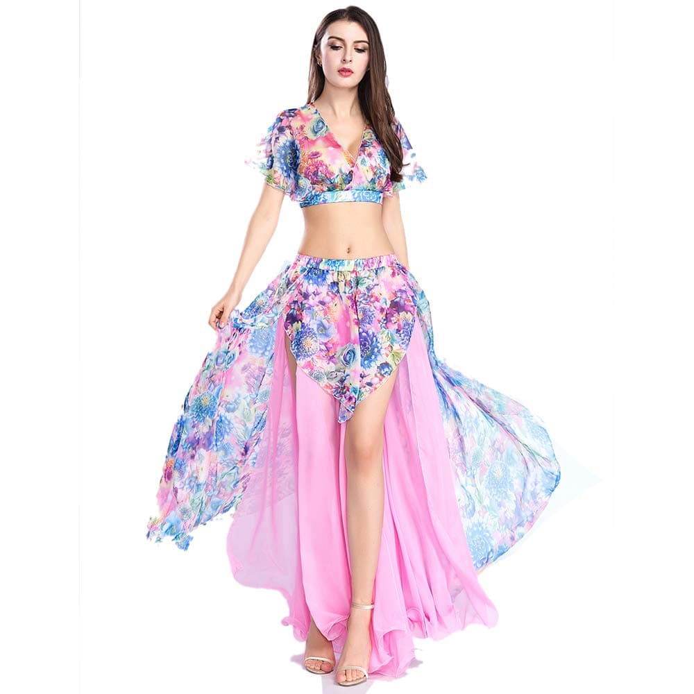 ROYAL SMEELA Belly Dance Top and Skirt 2pce Belly Dance Set Sexy Belly Dance Costumes Suit Practice Performance Dresses Floral Chiffon Tops Skirts Short Top Long Skirt Belly Dancing Outfit for Women