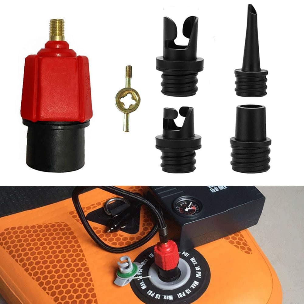 SUP Pump Adaptor Air Valve Converter, 7MM Inlet Opening Air Pump Converter with 4 Standard Air Valve Nozzles for Inflatable Boat, Stand Up Paddle Board, Inflatable Bed, Etc - Red