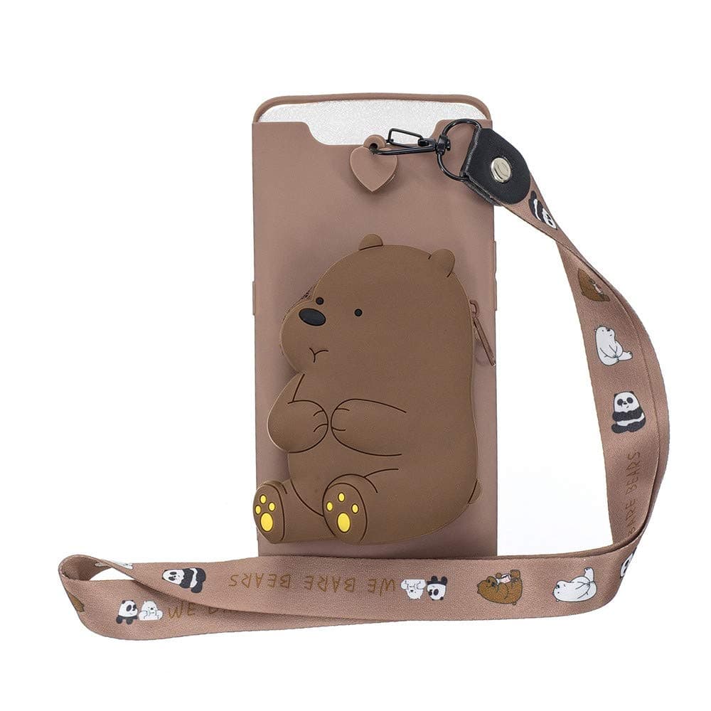 GLORYSHOP Samsung Galaxy A80 Case,3D Cute Cartoon Wallet Pocket with Long Strap Rope and Zipper Rubber Soft Silicone Phone Case Cover Protective for Samsung Galaxy A80,Brown Bear