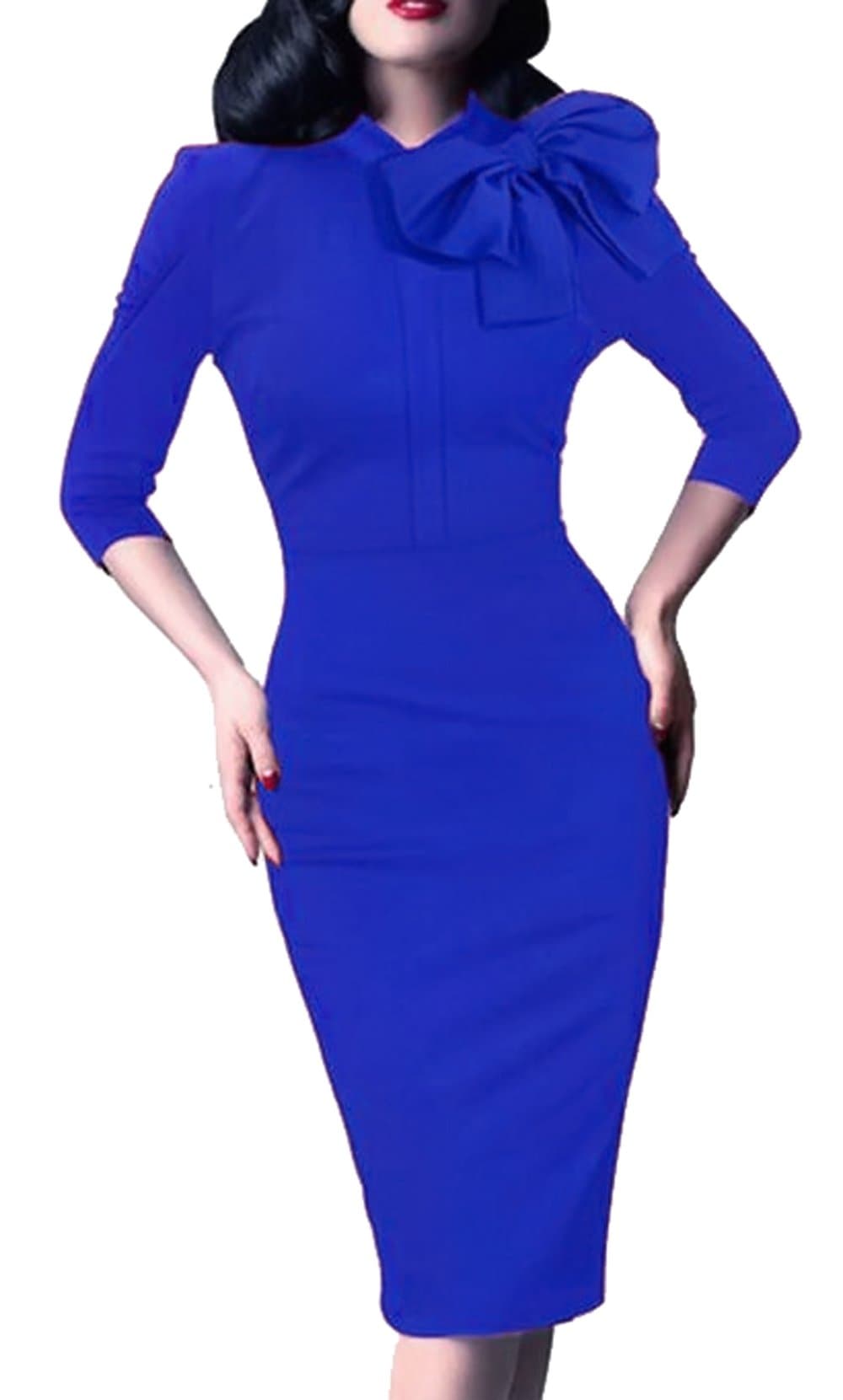 Women's 1950s Retro 3/4 Sleeve Bow Cocktail Party Evening Dress Work Pencil Dress Blue XX-Large